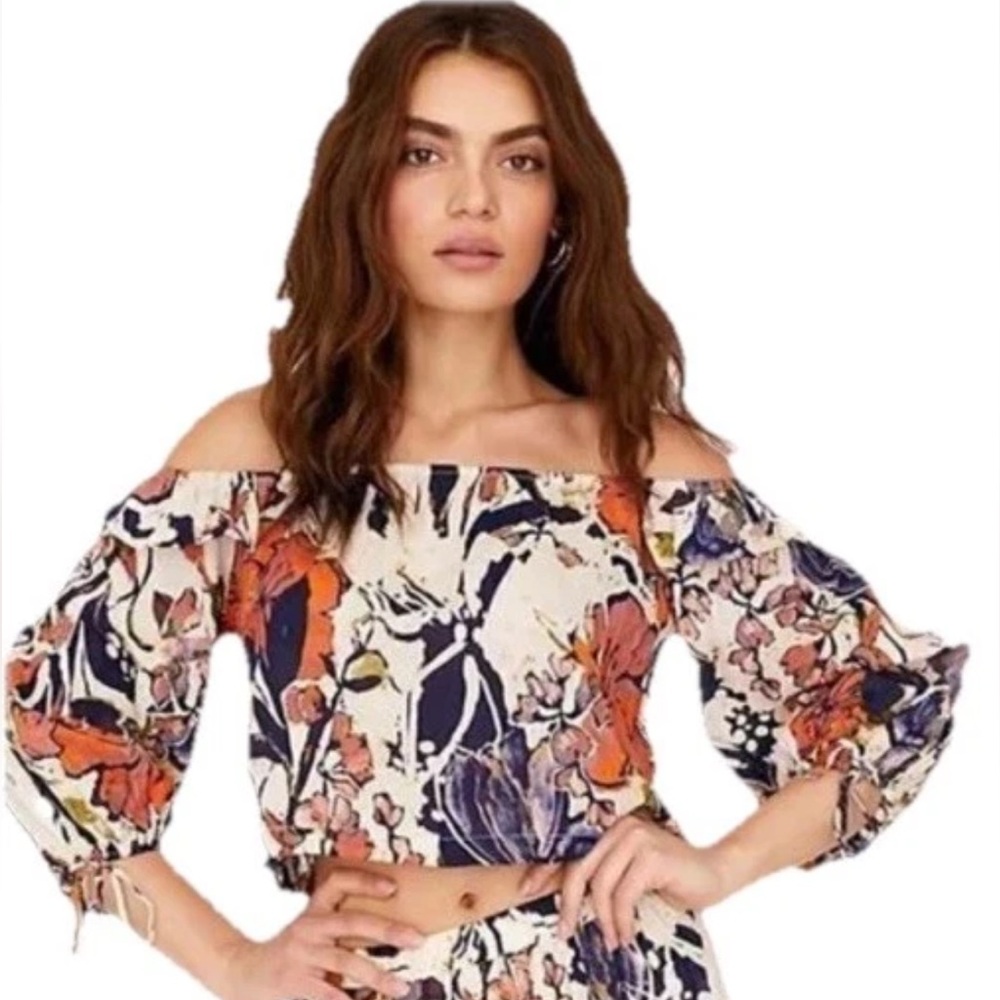 Free People XS Shasta Floral Crop Top Earthy Hippie Off The Shoulder Ruffle